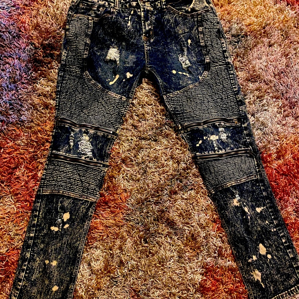 Destroyed MENS acid wash zipper Moto jeans size 38 with 32 inseam